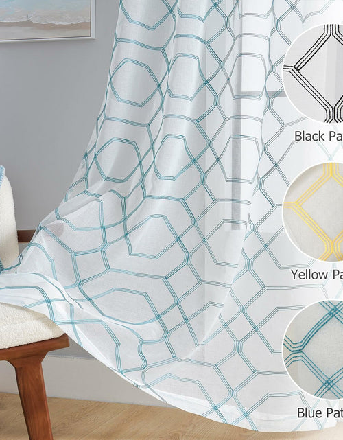 Load image into Gallery viewer, WANSOUL Blue Pattern Sheer Curtains 2 Panels 84in Teal Blue Moroccan Design
