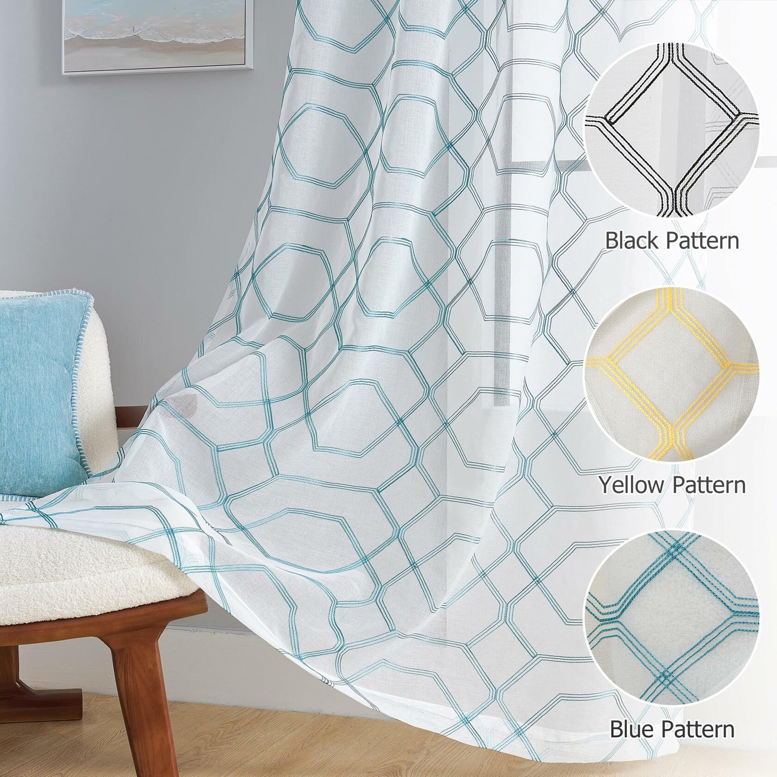 WANSOUL Blue Pattern Sheer Curtains 2 Panels 84in Teal Blue Moroccan Design