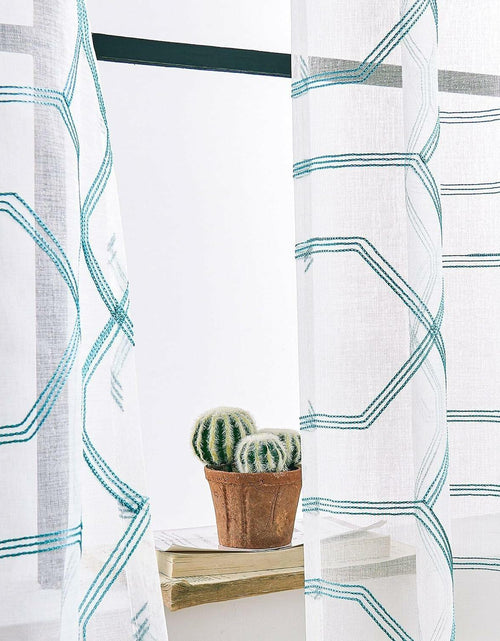 Load image into Gallery viewer, WANSOUL Blue Pattern Sheer Curtains 2 Panels 84in Teal Blue Moroccan Design
