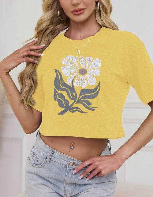 Load image into Gallery viewer, Womens USA Graphic Crop Top Tee Rock Band Casual Summer Yellow Size L
