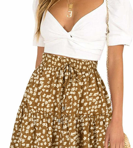 Women's Summer High Waist Drawstring Mini Skirt Casual Flowy Boho Size L