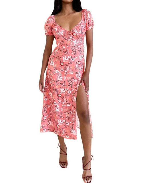Load image into Gallery viewer, SPRIME Women's Summer Casual V Neck Puff Sleeve Green Flower Midi Dress Size L

