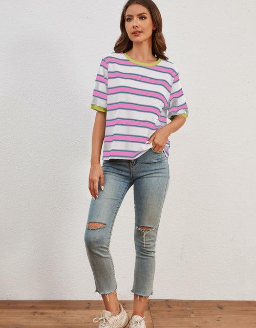 Load image into Gallery viewer, MISSACTIVER Short Sleeve Contrast Striped Tee Shirt Pink Large Size L

