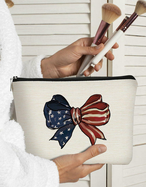 Load image into Gallery viewer, BARPERY 4th of July Coquette Makeup Bag Red White Blue Accessories Bow
