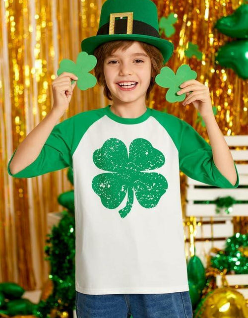 Load image into Gallery viewer, St. Patrick's Day Shamrock Raglan Crewneck Tee Kids White Green Size 4Y
