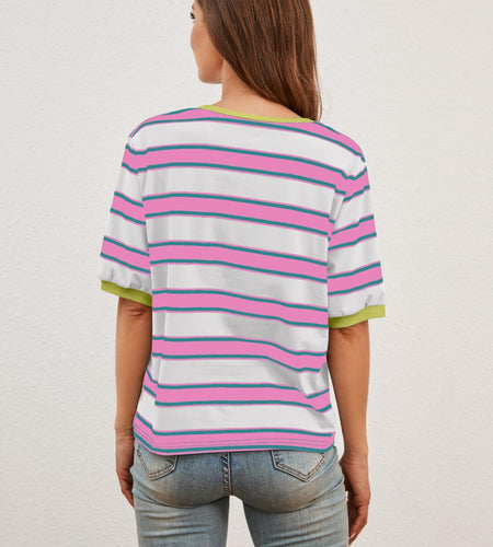 MISSACTIVER Short Sleeve Contrast Striped Tee Shirt Pink Large Size L