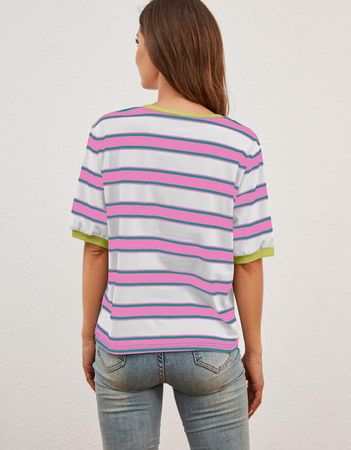 Load image into Gallery viewer, MISSACTIVER Short Sleeve Contrast Striped Tee Shirt Pink Large Size L
