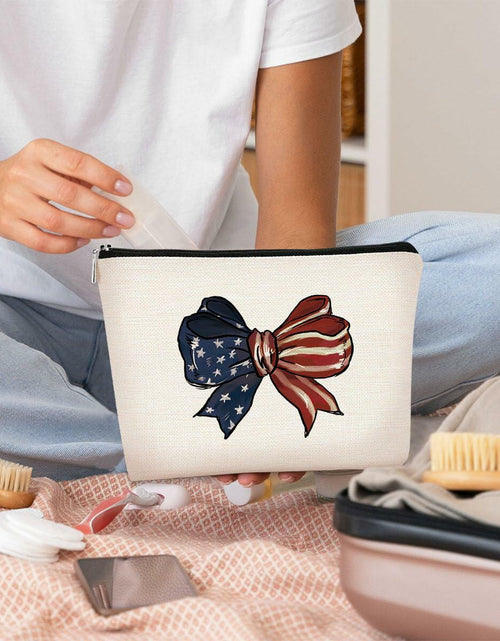 Load image into Gallery viewer, BARPERY 4th of July Coquette Makeup Bag Red White Blue Accessories Bow
