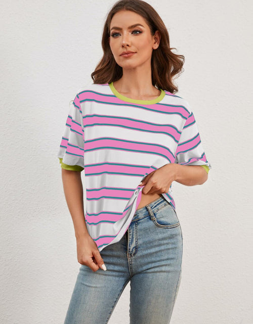 Load image into Gallery viewer, MISSACTIVER Short Sleeve Contrast Striped Tee Shirt Pink Large Size L
