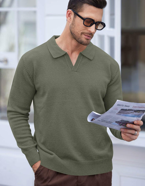 Load image into Gallery viewer, Herberton Men's Polo Sweater Pullover V Neck Long Sleeve Grey Size L
