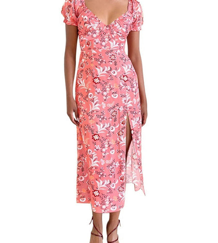 SPRIME Women's Summer Casual V Neck Puff Sleeve Green Flower Midi Dress Size L