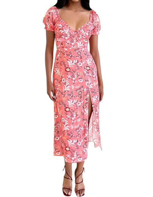 Load image into Gallery viewer, SPRIME Women's Summer Casual V Neck Puff Sleeve Green Flower Midi Dress Size L
