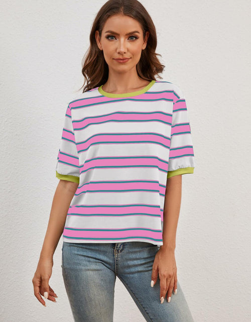 Load image into Gallery viewer, MISSACTIVER Short Sleeve Contrast Striped Tee Shirt Pink Large Size L
