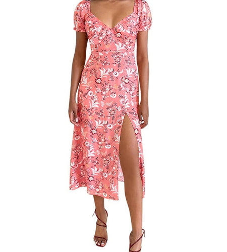 SPRIME Women's Summer Casual V Neck Puff Sleeve Green Flower Midi Dress Size L