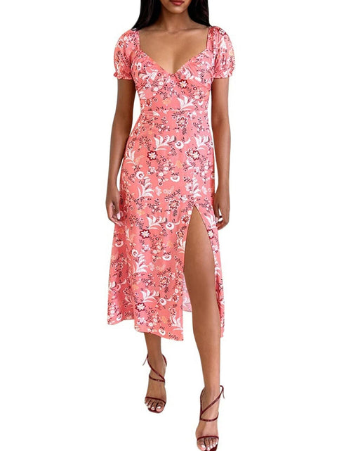 Load image into Gallery viewer, SPRIME Women's Summer Casual V Neck Puff Sleeve Green Flower Midi Dress Size L
