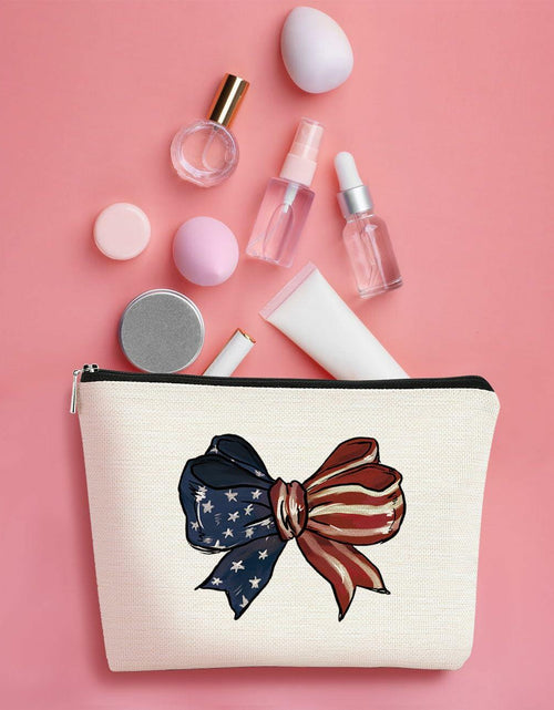 Load image into Gallery viewer, BARPERY 4th of July Coquette Makeup Bag Red White Blue Accessories Bow
