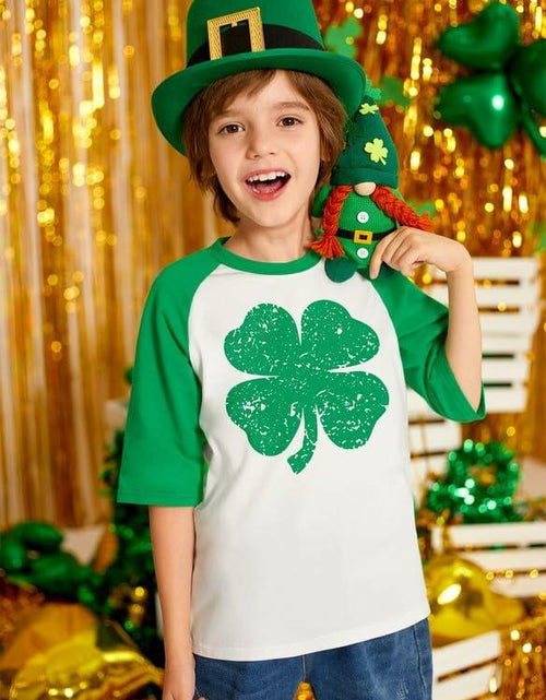 Load image into Gallery viewer, St. Patrick's Day Shamrock Raglan Crewneck Tee Kids White Green Size 4Y
