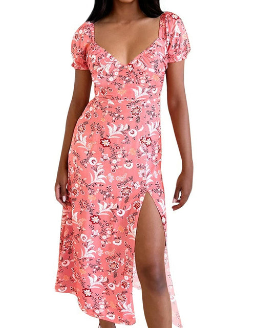 Load image into Gallery viewer, SPRIME Women's Summer Casual V Neck Puff Sleeve Green Flower Midi Dress Size L
