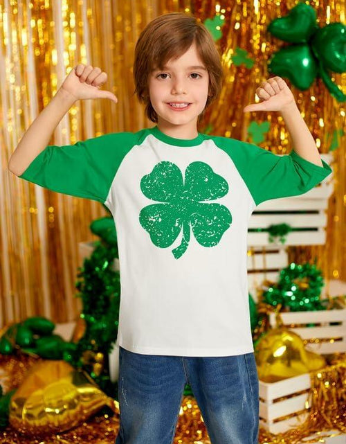 Load image into Gallery viewer, St. Patrick's Day Shamrock Raglan Crewneck Tee Kids White Green Size 4Y

