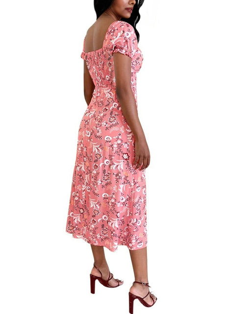 Load image into Gallery viewer, SPRIME Women's Summer Casual V Neck Puff Sleeve Green Flower Midi Dress Size L
