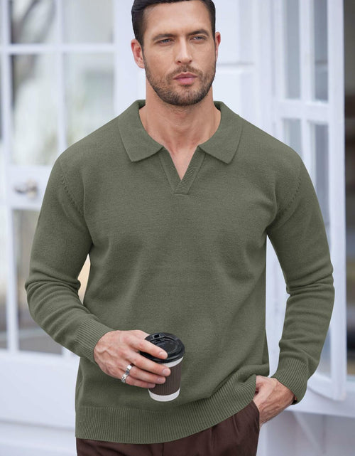 Load image into Gallery viewer, Herberton Men's Polo Sweater Pullover V Neck Long Sleeve Grey Size L
