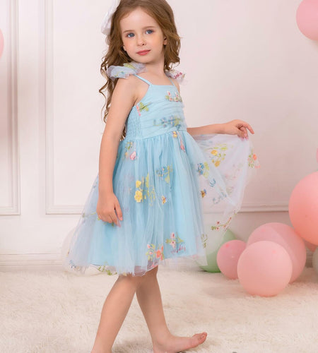 Floral Embroidered Tutu Dress Toddler Girls Bowknot Sleeveless Blue Size 2-3T