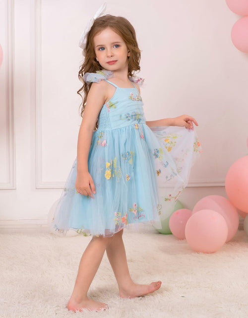 Load image into Gallery viewer, Floral Embroidered Tutu Dress Toddler Girls Bowknot Sleeveless Blue Size 2-3T
