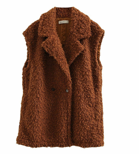 Amazhiyu Womens Faux Fur Waistcoat Vest with Pockets Sleeveless Brown Size XL