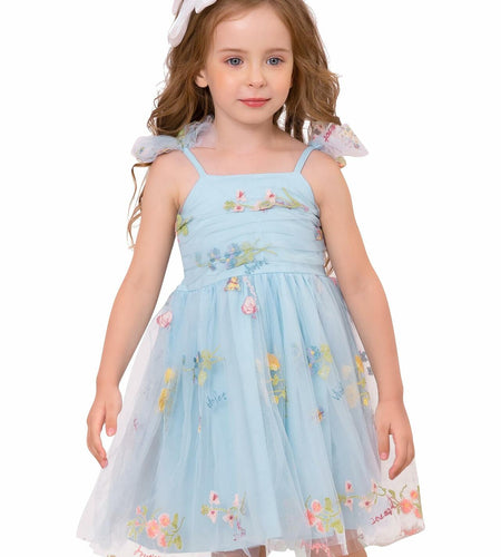 Floral Embroidered Tutu Dress Toddler Girls Bowknot Sleeveless Blue Size 2-3T