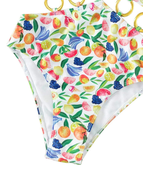 Load image into Gallery viewer, Fruit Print Ring Linked One Piece Swimsuit Cut Out Monokini Multicolor Size S
