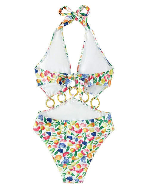Load image into Gallery viewer, Fruit Print Ring Linked One Piece Swimsuit Cut Out Monokini Multicolor Size S
