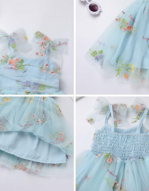 Load image into Gallery viewer, Floral Embroidered Tutu Dress Toddler Girls Bowknot Sleeveless Blue Size 2-3T
