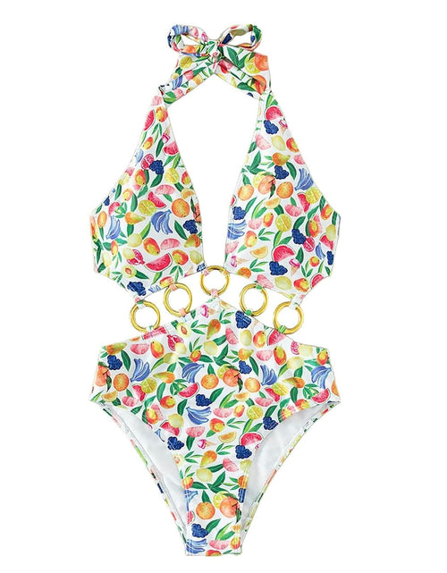 Load image into Gallery viewer, Fruit Print Ring Linked One Piece Swimsuit Cut Out Monokini Multicolor Size S
