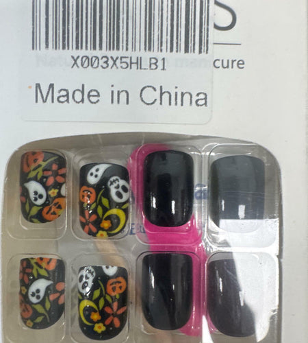 24 Pcs Black Short Square Press On Nails Skull Flower Halloween Full Cover