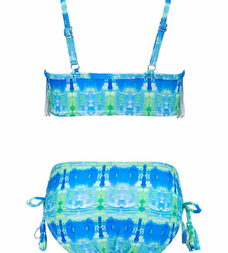 SHEKINI Girls Tie Side Sports Tassel Bikini Set Printed Blue Green Size 10 Years