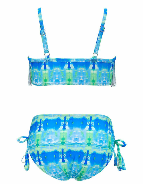 Load image into Gallery viewer, SHEKINI Girls Tie Side Sports Tassel Bikini Set Printed Blue Green Size 10 Years
