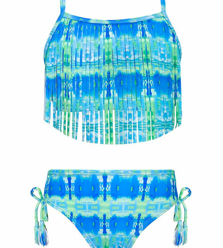 SHEKINI Girls Tie Side Sports Tassel Bikini Set Printed Blue Green Size 10 Years