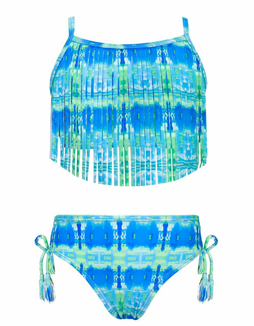 Load image into Gallery viewer, SHEKINI Girls Tie Side Sports Tassel Bikini Set Printed Blue Green Size 10 Years
