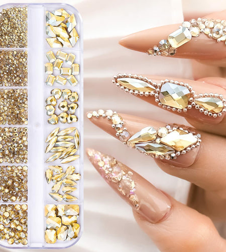 Champagne Gold Nail Art Rhinestones 1130Pcs Flat Bottom 12 Grids DIY Craft