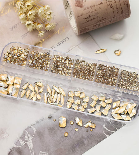 Champagne Gold Nail Art Rhinestones 1130Pcs Flat Bottom 12 Grids DIY Craft