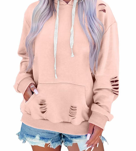 Women Hooded Distressed Sweatshirt Drawstring Kangaroo Pocket Greyblue Size M