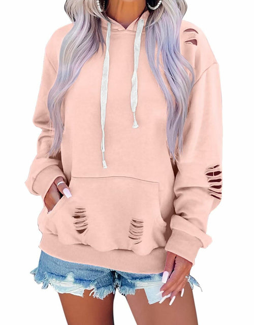 Load image into Gallery viewer, Women Hooded Distressed Sweatshirt Drawstring Kangaroo Pocket Greyblue Size M
