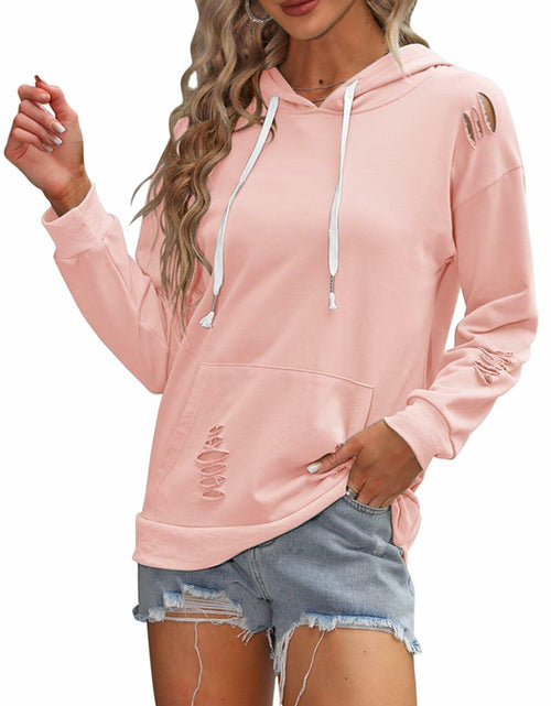 Load image into Gallery viewer, Women Hooded Distressed Sweatshirt Drawstring Kangaroo Pocket Greyblue Size M
