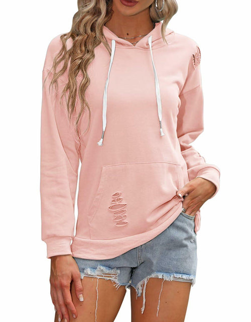 Load image into Gallery viewer, Women Hooded Distressed Sweatshirt Drawstring Kangaroo Pocket Greyblue Size M
