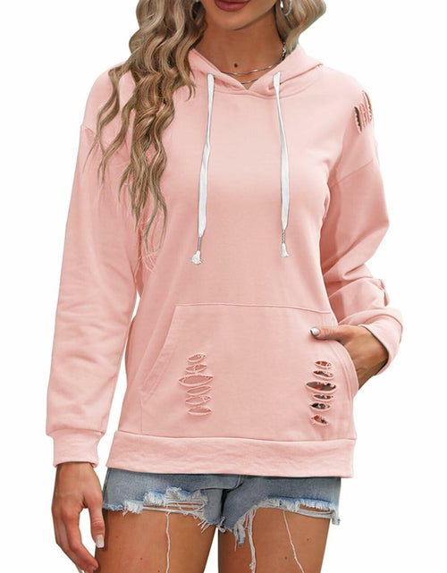 Load image into Gallery viewer, Women Hooded Distressed Sweatshirt Drawstring Kangaroo Pocket Greyblue Size M
