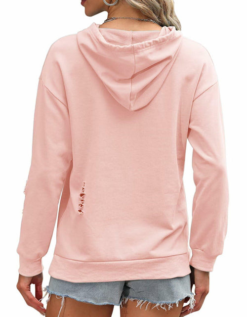 Load image into Gallery viewer, Women Hooded Distressed Sweatshirt Drawstring Kangaroo Pocket Greyblue Size M

