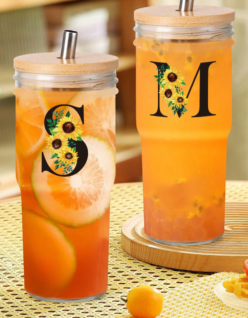 Load image into Gallery viewer, Personalized Initial Glass Cup 24oz Tumbler with Lid Straw J Flowers
