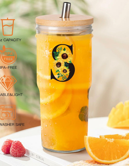 Load image into Gallery viewer, Personalized Initial Glass Cup 24oz Tumbler with Lid Straw J Flowers
