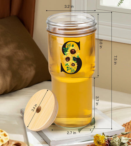 Personalized Initial Glass Cup 24oz Tumbler with Lid Straw J Flowers