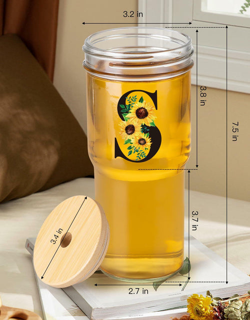 Load image into Gallery viewer, Personalized Initial Glass Cup 24oz Tumbler with Lid Straw J Flowers
